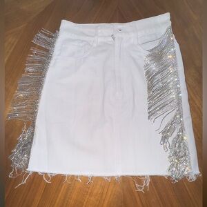 HOUSE OF MUAMUA Crystal Fringe White Denim Skirt